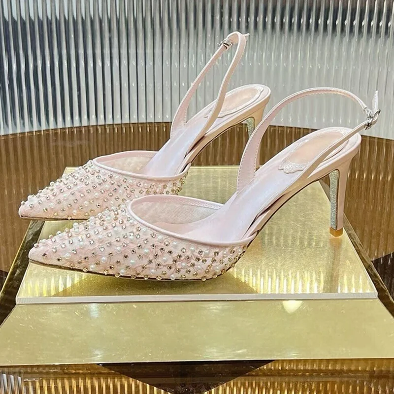 

New Thin High Heels Sandalias Women's Pointed Toe Mesh Closed Toe Sandals String Bead Decor Dress Shoes Summer Wedding Shoes
