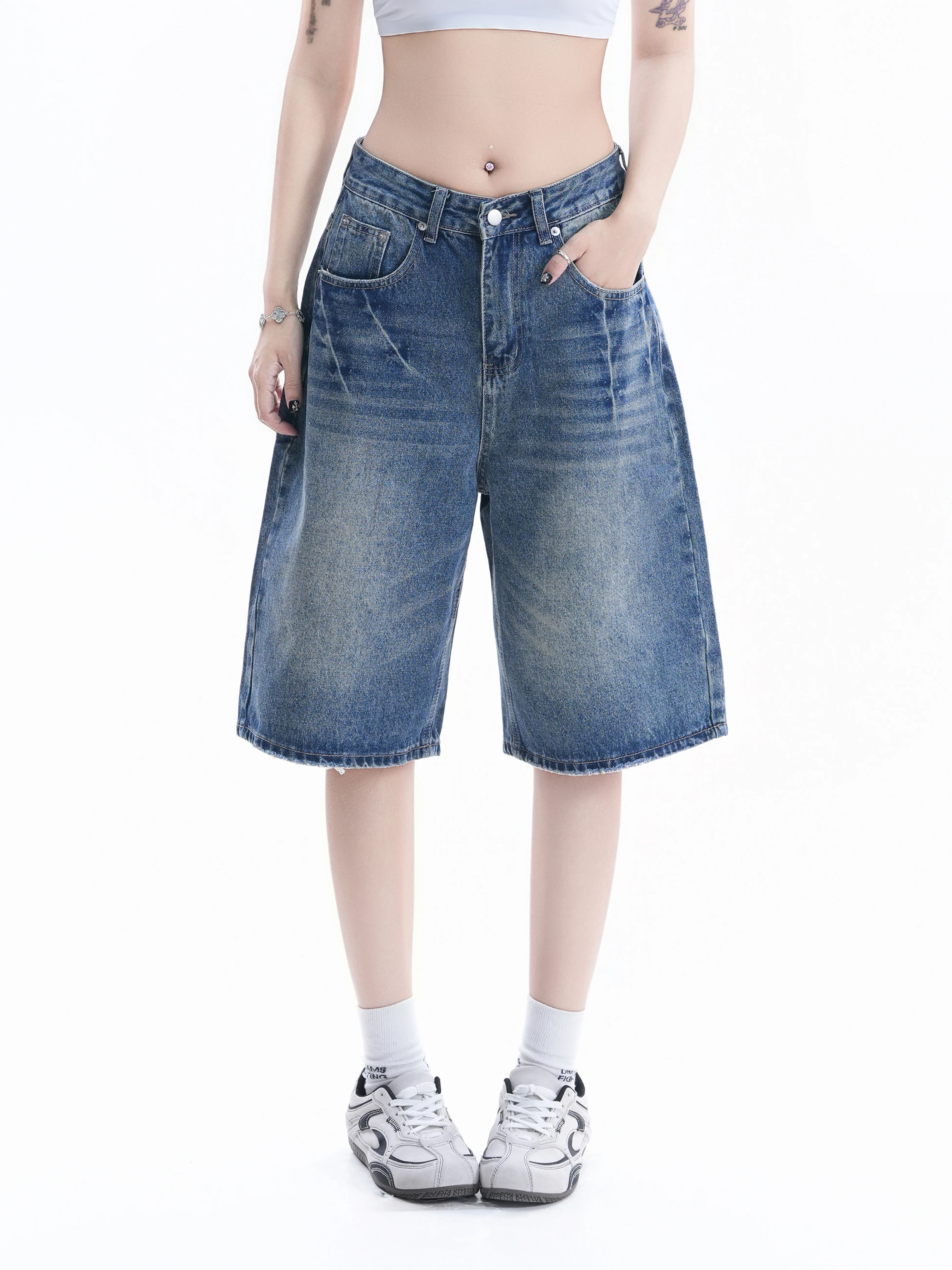 

American Retro Washed Denim Shorts Women Summer Loose Wide Leg Slimming INS Wide Leg Five-Point Pants Cotton Natural Waist Bu...