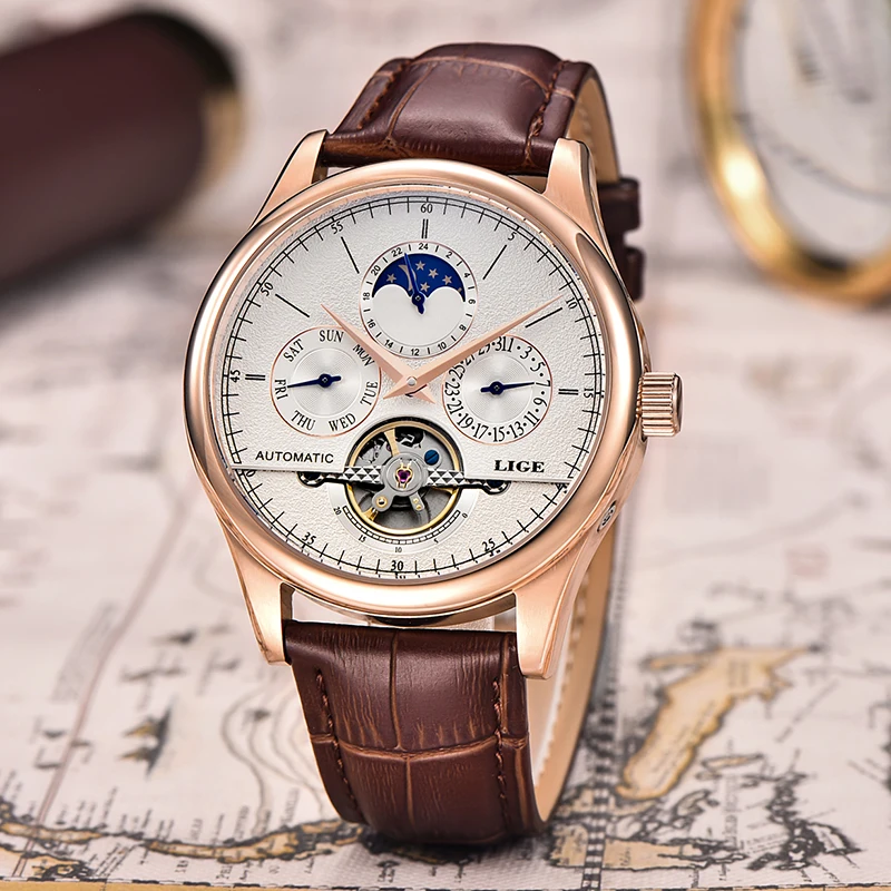 

LIGE Retro Luxury Mechanical Man Watches Automatic Movement Casual Sport Clock Leather Strap Business Tourbillon Watches for Men