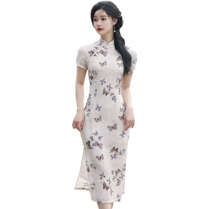 

Retro Improved Cheongsam Chinese Traditional Costume Butterfly Printed Silk Linen Dress Stand Collar Side Slit Slim Fit Qipao