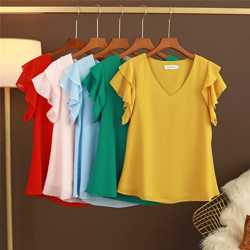 Elegant Short Sleeve Korean Chiffon Blouse Women Casual Fashion White Yellow Pink Ruffle Sleeve V Neck Summer Slim Shirts Tops