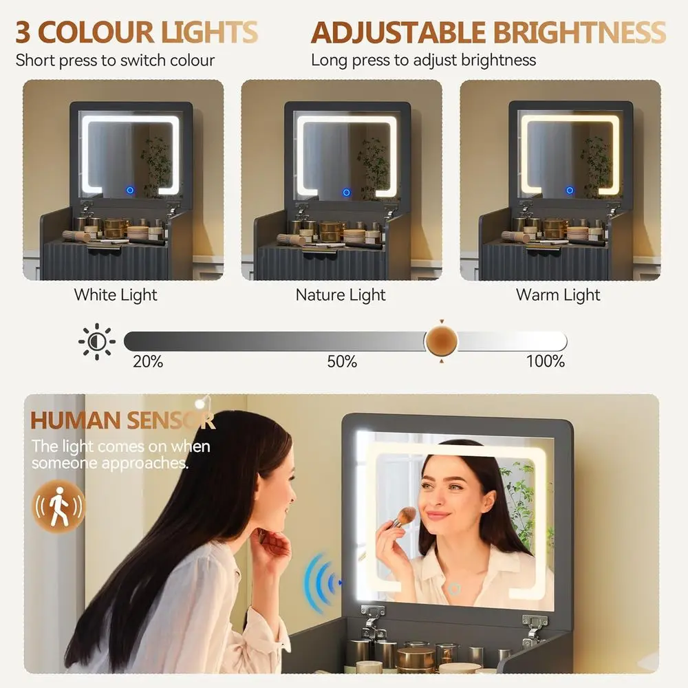 3-in-1 Grey Vanity Desk with Mirror, Lights, and Storage Stool for Bedroom Makeup Area view 3