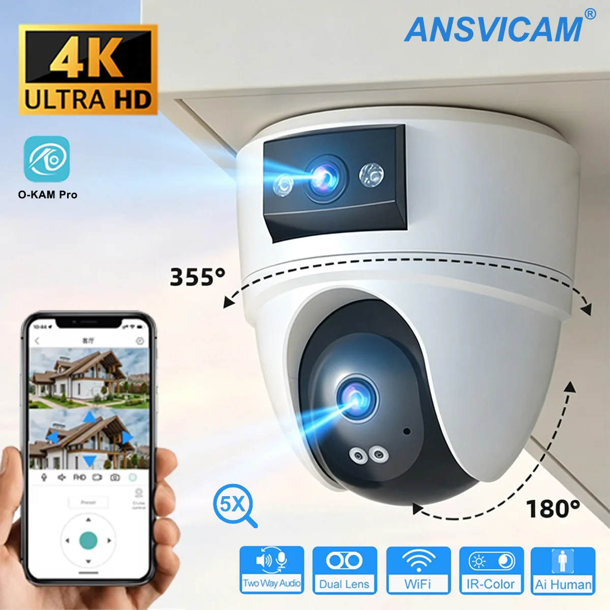 8MP 4K PTZ Security Camera with AI Human Detection - Dual-Lens Dual-Screen Outdoor WiFi IP Cam for Wireless CCTV Surveillance