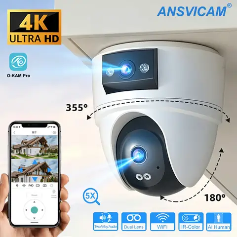 8MP 4K PTZ Security Camera with AI Human Detection - Dual-Lens Dual-Screen Outdoor WiFi IP Cam for Wireless CCTV Surveillance