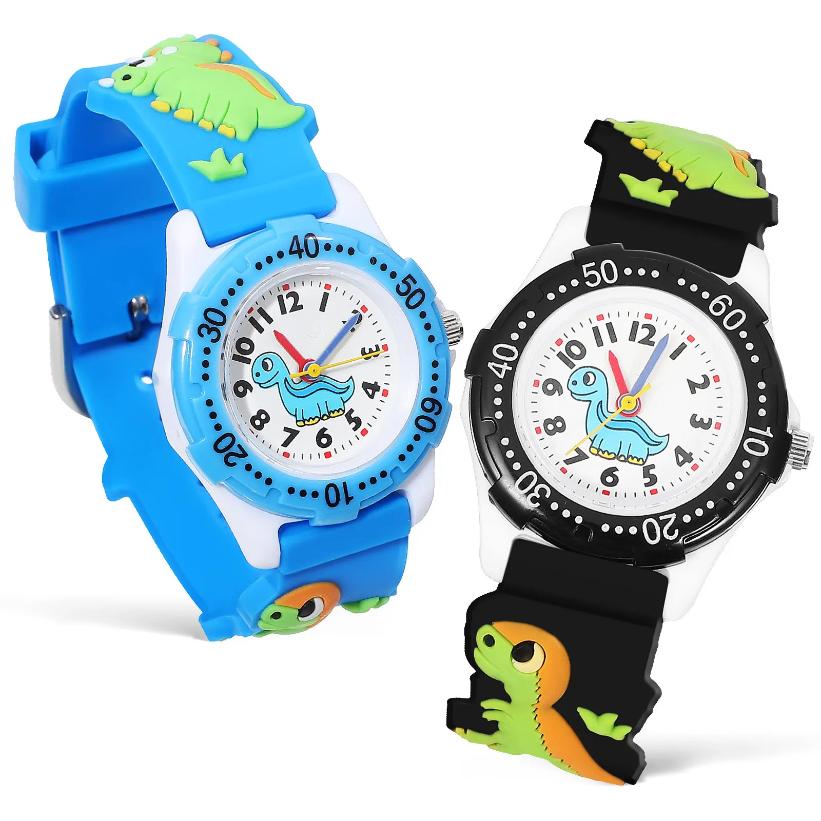 

2Pcs Waterproof Watches 3D Dinosaur Cartoon Design Bright Arabic Numerals Easy-Read Dial Flexible PVC Strap for
