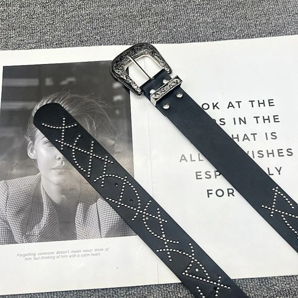 حزام نسائي كوري أمريكي قوطي أسود وأبيض بإبزيم حزام خصر برشام Y2k فستان حزام جينز ملابس الشارع