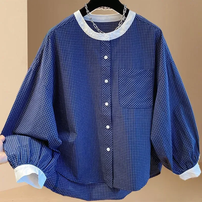 2025 Herfst Nieuwe All-Match Modieuze Patchwork O-hals Lange Mouw Blouse Vrouwelijke Casual Koreaanse Knoppen Plaid Vrouwen Shirt tops