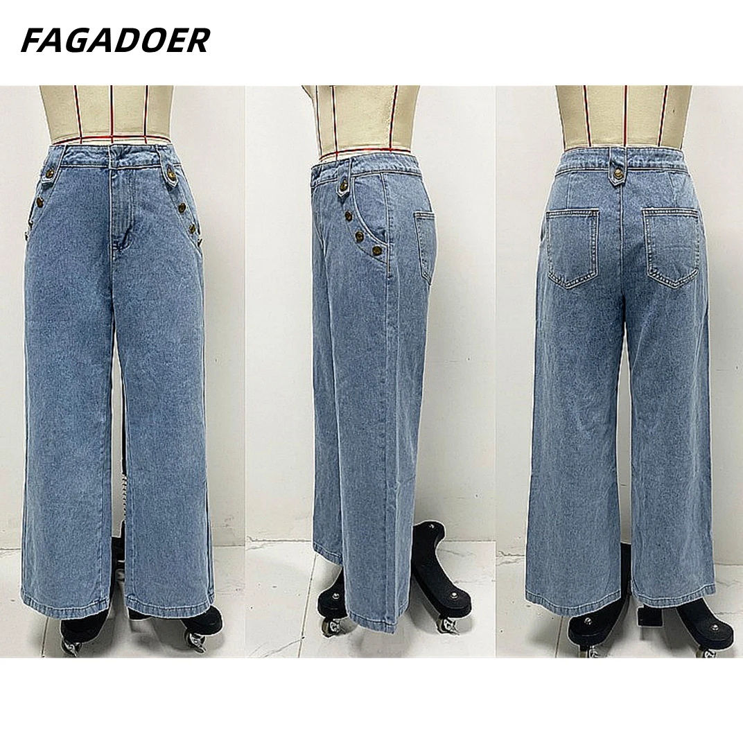 FAGADOER Fashion Denim Two Piece Set For Women Sleeveless Buttons Patchwork Slim Jacket And High Waist Wide Leg Jeans Outfit