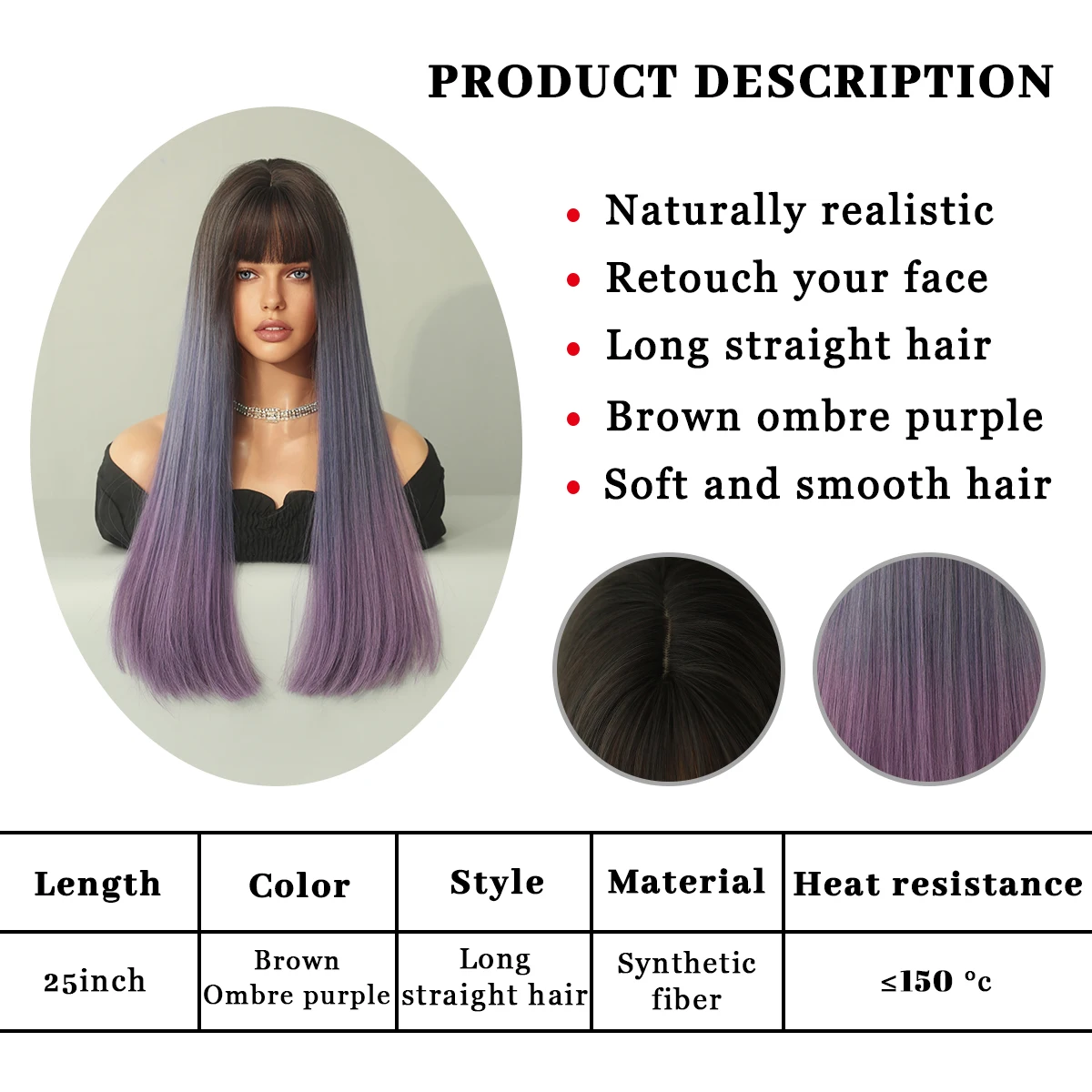 Long Straight Synthetic Wigs Purple Ombre Wigs with Bangs for Women Use for Cosplay Daily Lolita Natural Hair Heat Resistant