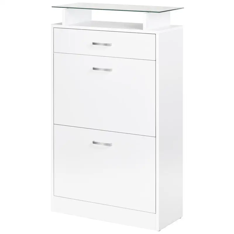 Armoire à chaussures, meuble de rangement pour chaussures, 2 portes battantes, 2 compartiments, tiroir, plateau en verre - Bois chêne blanc