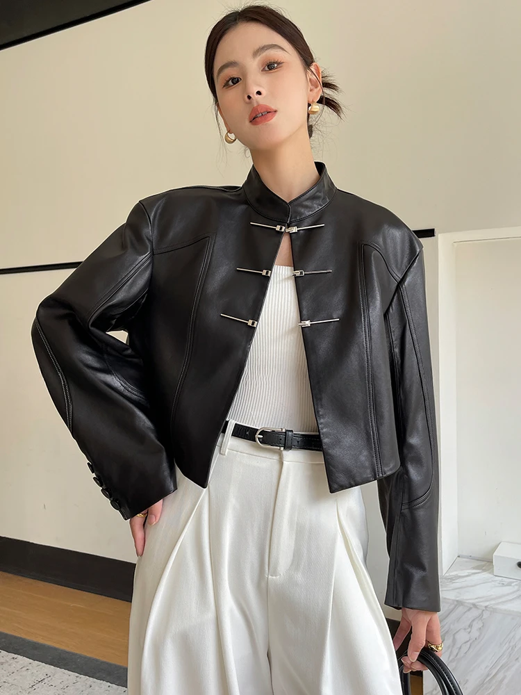 

Simple Black Cropped Real Sheepskin Coat Women Spring Autumn 2024 New Trend Chic Buttons Stand Collar Genuine Leather Jacket