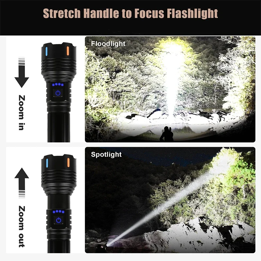 High Power LED Flashlight Type-c Rechargeable Zoom Tactical Torch Waterproof Outdoor Camping Emergency Lantern Can Light A Flame
