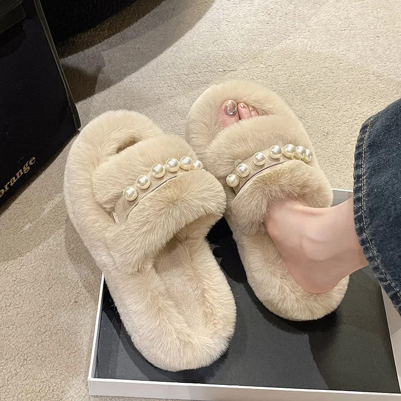 

2024 Autumn and Winter New Pearl Hair Slippers Women Wear Thick Bottom Cashmere Home Indoor Women's Cotton Slippers