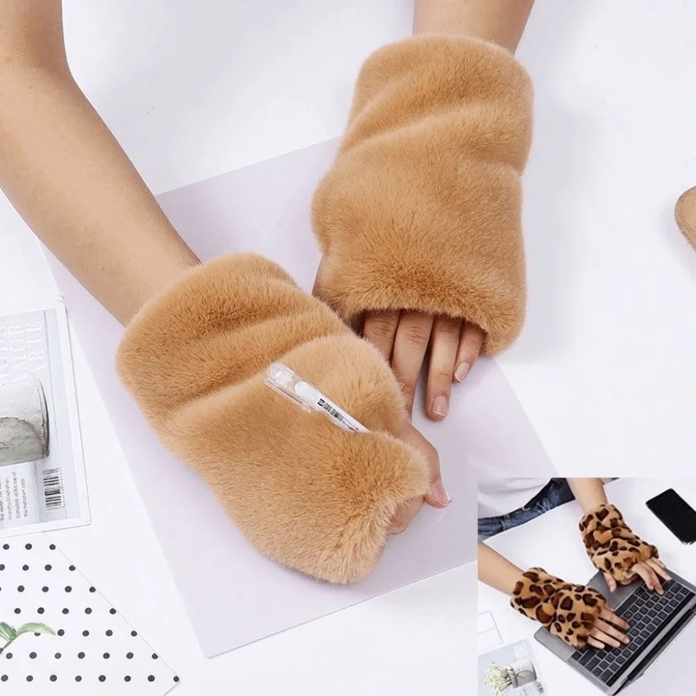 Cute Thickened Fingerless Furry Gloves Elastic Cuff Fleece Lined Half Finger Mittens Washable Warm Keeping Wrist Sleeve Ladies