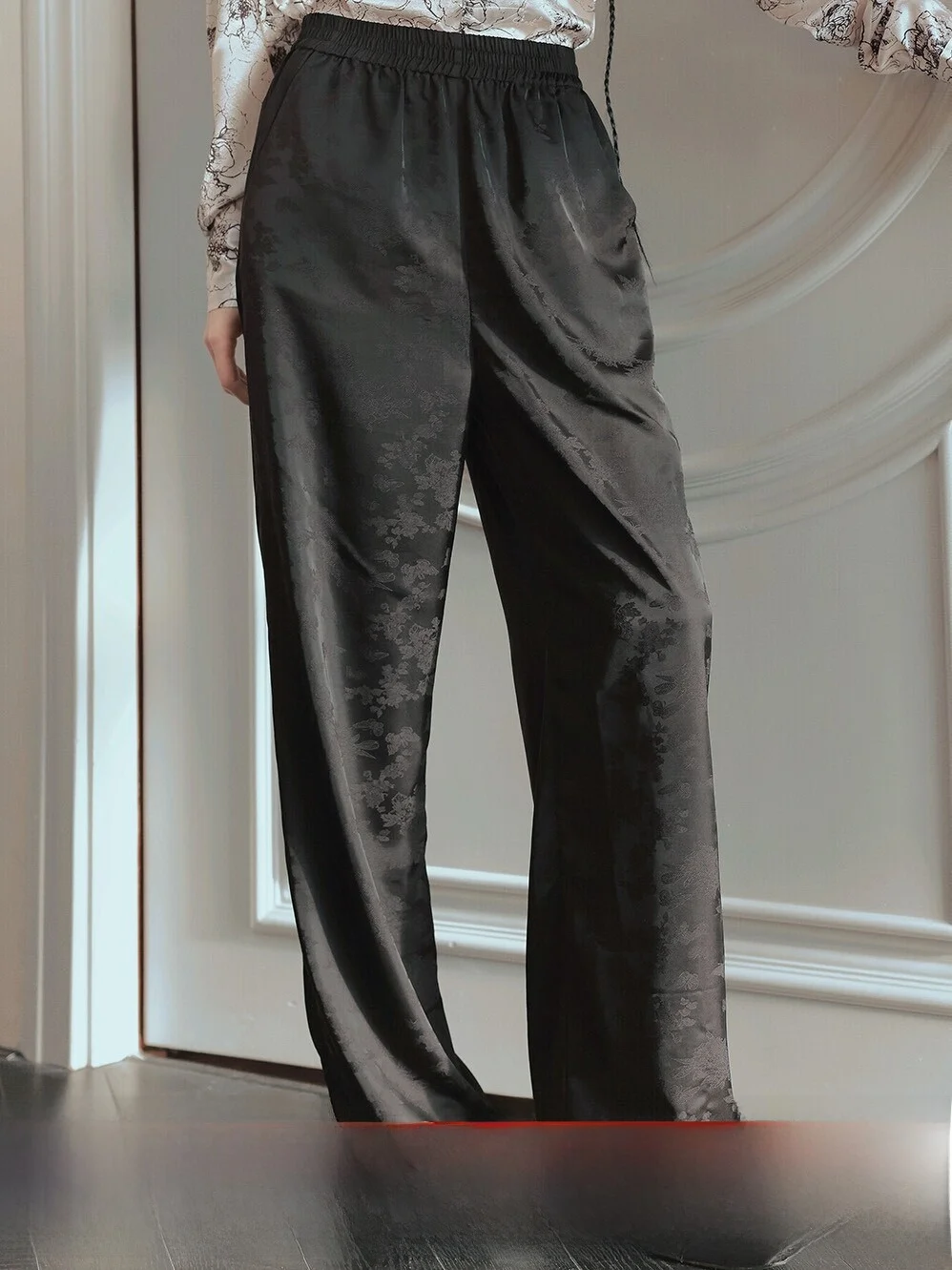 

New May Comfortable Cool Wearable Slim Black Pants CHARMMY Flower Pattern High Waist Straight Leg Long Casual Trousers