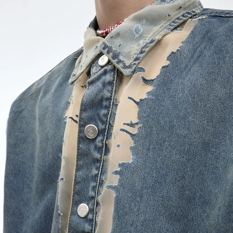 FEWQ Men Shirt Niche Hollowed Out Design Denim Deconstructed Patchwork Top Single Breasted Turn-down Collar Male Tops 24E1006