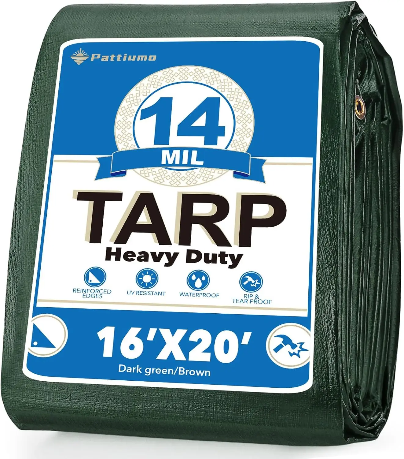 

16x20 FT Heavy Duty Waterproof Tarp, 14 Mil UV Resistant All Weather Cover for Camping Shelter, Green/Brown