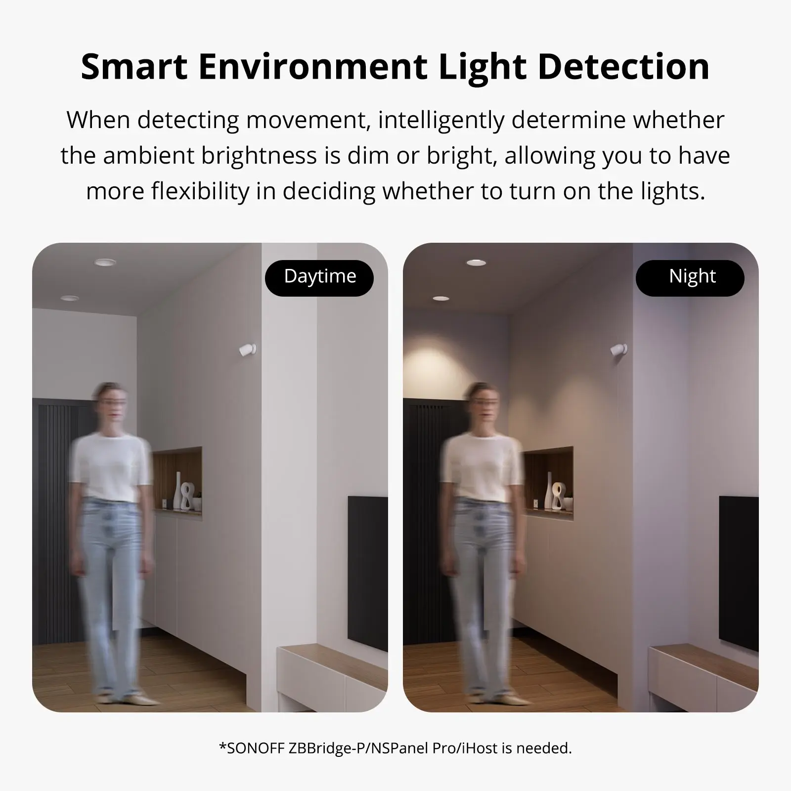 SONOFF-ZigBee Motion Sensor, Detecção de Luz Inteligente, Motion Trigger, Alarme, Trabalhar com ZBBridge via eWeLink App, Alexa, Google, SNZB-03P