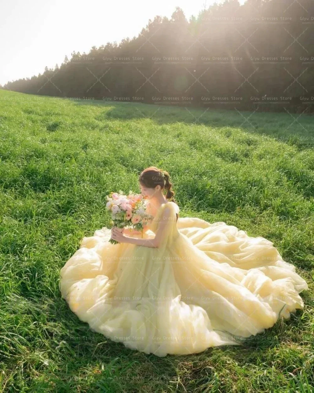 Giyu Princess Yellow A Line Soft Tulle Wedding Dresses Korea Photoshoot Straps Corset Back Sweep Train Evening Party Gowns Custo
