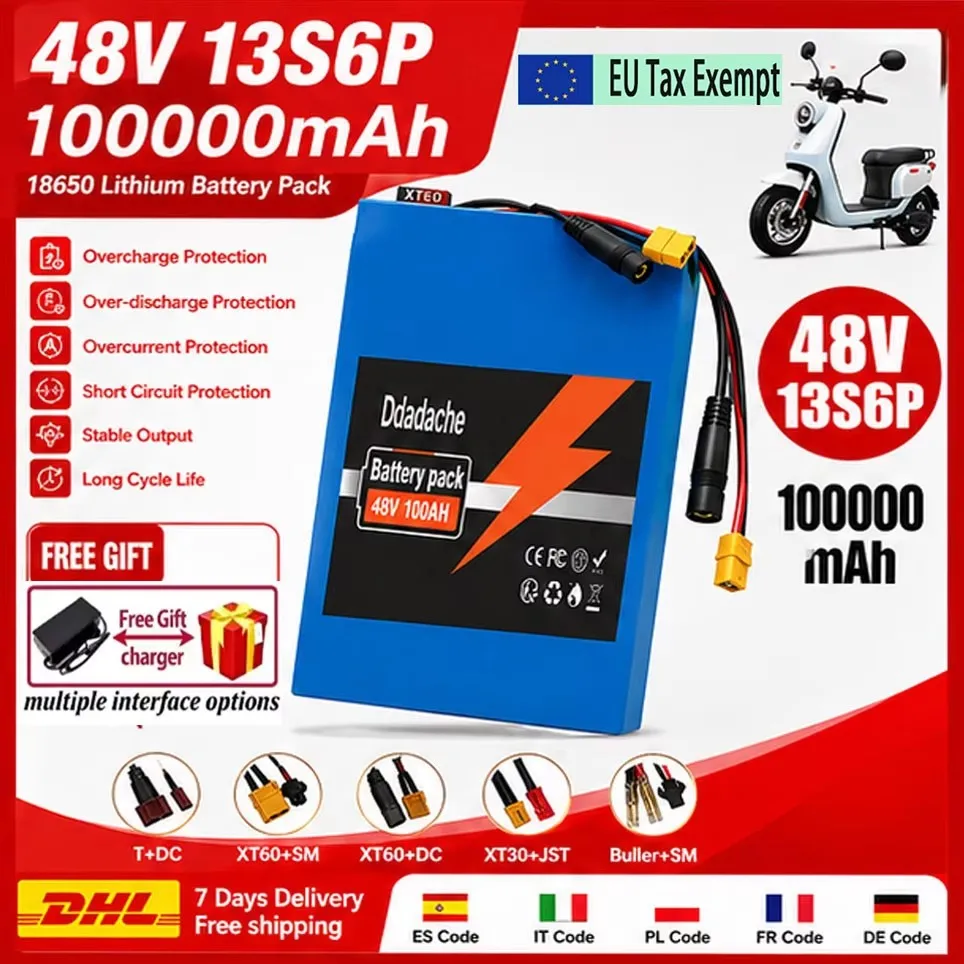 Nouvelle batterie lithium-ion haute capacité 48V 100Ah 13S6P 18650, décharge haute puissance 500W-2000W, utilisée pour les batteries de scooters électriques, avec BMS intelligent + chargeur