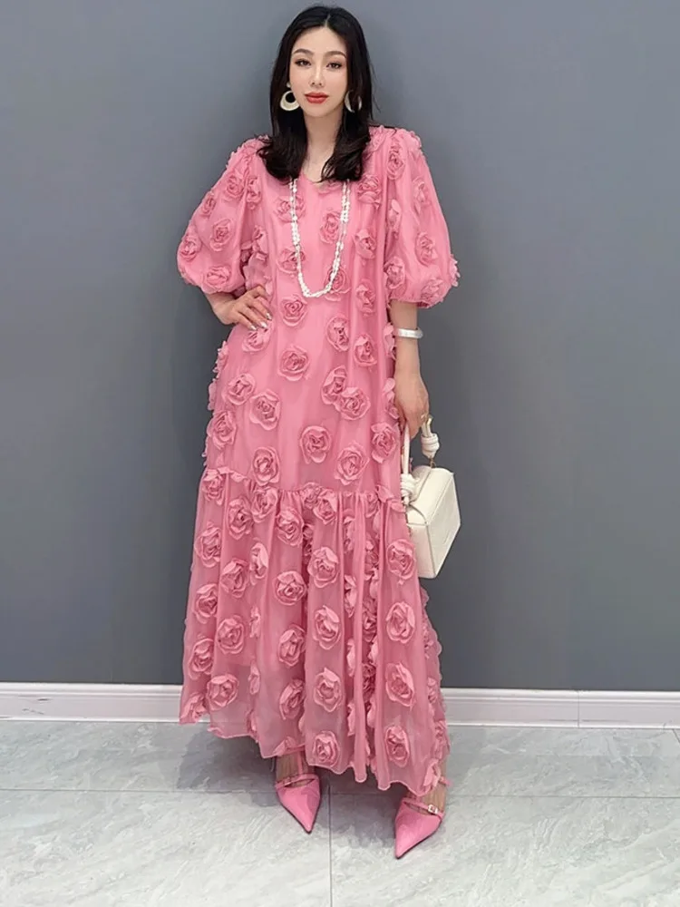 Elegant Fashion Rose Blossom Bubble V-neck Dress Elegan Chic Short Sleeve Robe Women's Long Dresses 2025 New Clothing