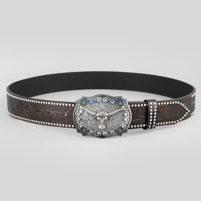 

X7XB WesternStyle Men Belt for Pants Engraved Pattern Waist Belt Male Accessories