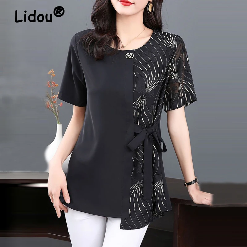 Elegant Lace Up Print Patchwork Irregular Tunic Tops for Women 2023 Summer New Fashion Commute Short Sleeve Loose Shirts Blouses