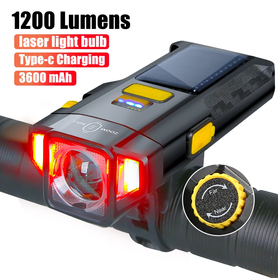 

1200lm Solar Bicycle Light Rechargeable Front Lamp Mountain Road Bike Integrated Flashlight for Cycling Safe with Power Display