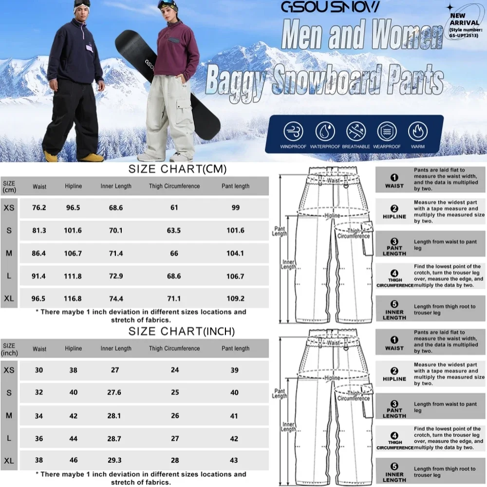 Pantaloni da snowboard da uomo nuovi con tasca grande Pantaloni da sci super larghi Campo di neve Isolamento impermeabile Coppia Abbigliamento sportivo invernale