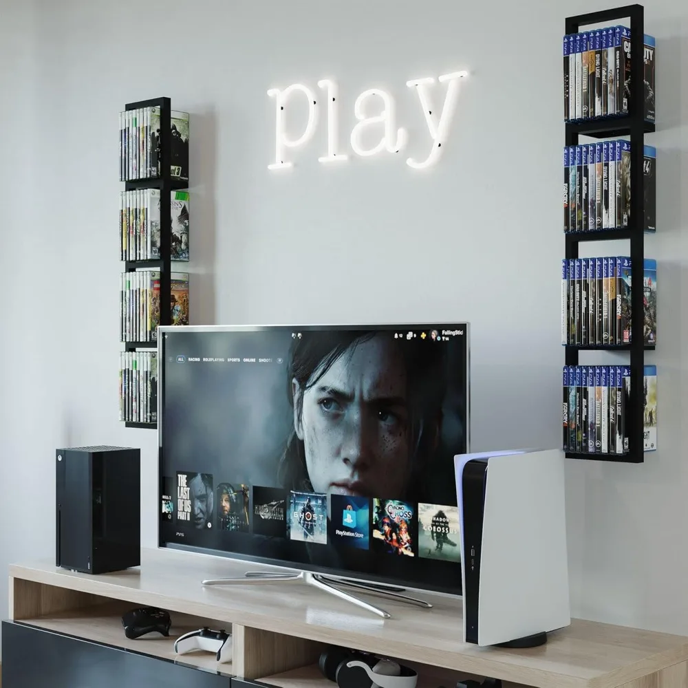 رف تخزين الوسائط العائمة مقاس 34 بوصة، منظم أقراص CD DVD، مجموعة أرفف جدارية معدنية مكونة من قطعتين باللون الأسود