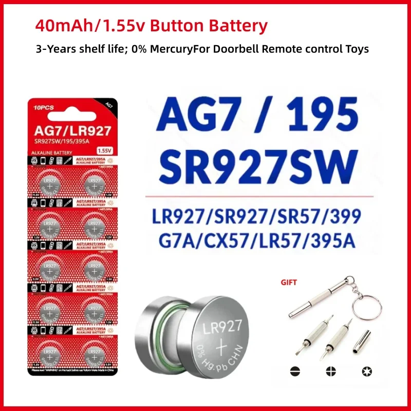 

AG7 LR927 Alkaline Button Battery 1.55V 40mAh Coin Cell for Watches Calculators LED Light Leak-Proof Design 399 LR57 395 SR927SW