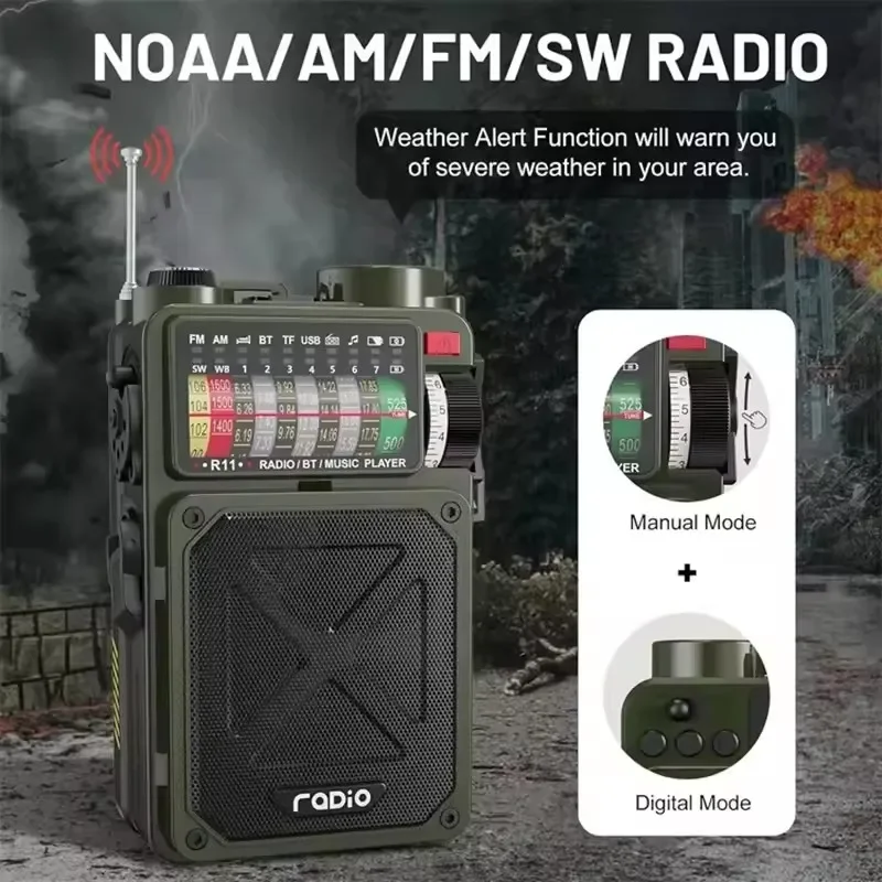 R11 متعددة الوظائف راديو الطوارئ BT المتكلم في الهواء الطلق AM/FM/SW/WB راديو كامل النطاق مع كرنك اليد الشمسية دينامو TF بطاقة مشغل USB