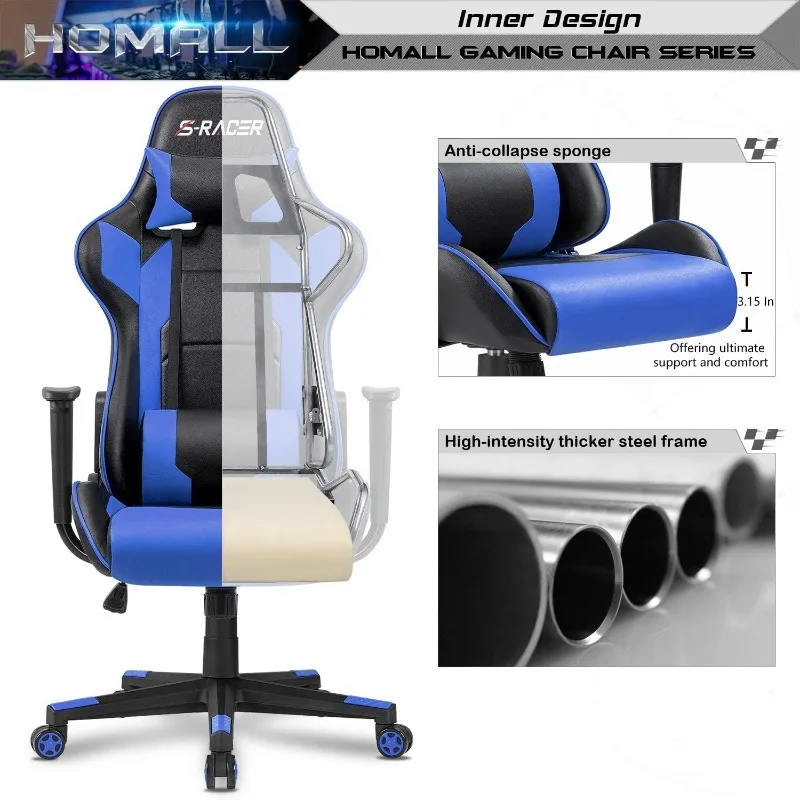 Homall Gaming Executive Ergonomic Adjustable Swivel Task Chair with Headrest and Lumbar Support (Blue)