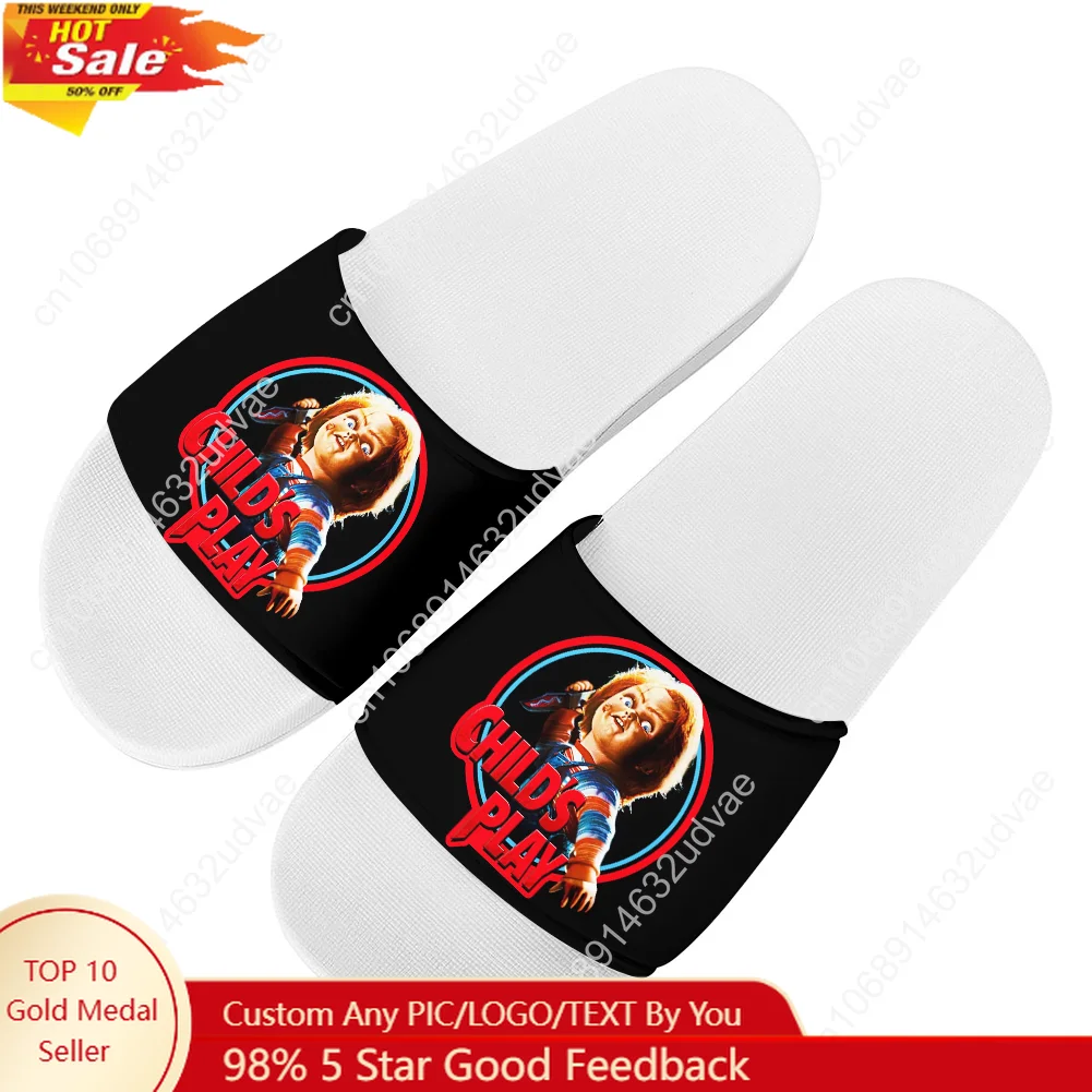 

Childs Play Chucky on Me Slippers Man Woman Boy Girl Tailor Made Slides Sandals Photo Text Customized Bath Shoes Water Shoe