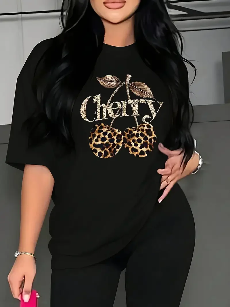 امرأة عادية كم قصير تي شيرت ليوبارد الكرز طباعة قصيرة الأكمام تي شيرت الملابس النسائية تي شيرت الملابس تي شيرت علوي