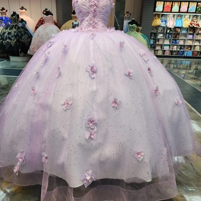 Light Lavender Puffy Princess Quinceanera Dresses 2024 Off Shoulder Beads 3D Floral Gillter Sequins Lace-up Corset Vestidos 15