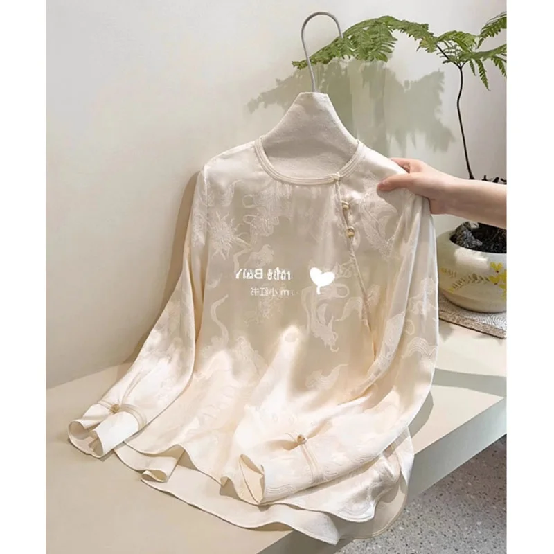 

New Chinese Sle Women's Silk White irt Zen Tea Clothing Early Spring Faionable Loose Fit Long Sve round Ne Top