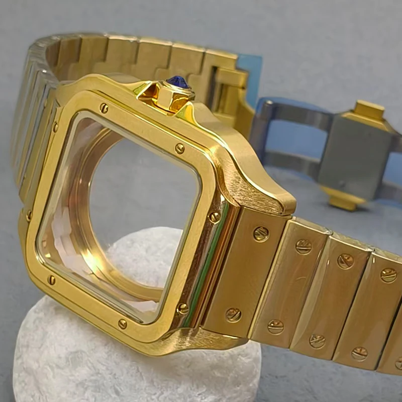 NH35 Cases 38MM Square Santos Steel Watch Case Mineral Coated Glass Fits NH35 NH36 4R35 7S26 Movement Modification Watch Case