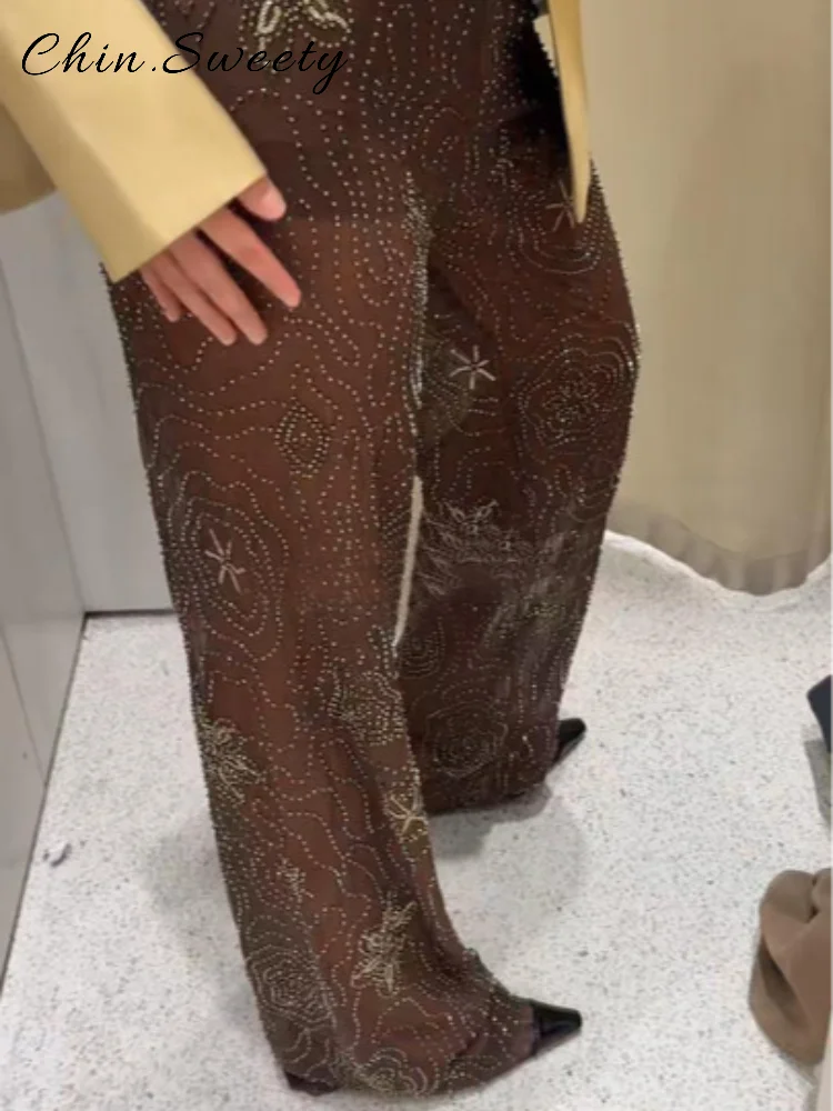 Sexy Beading Snowflake See Through Pants Women Loose Brown Low Waist Wide Leg Trousers Female 2025 Summer Lady Y2K Streetwears