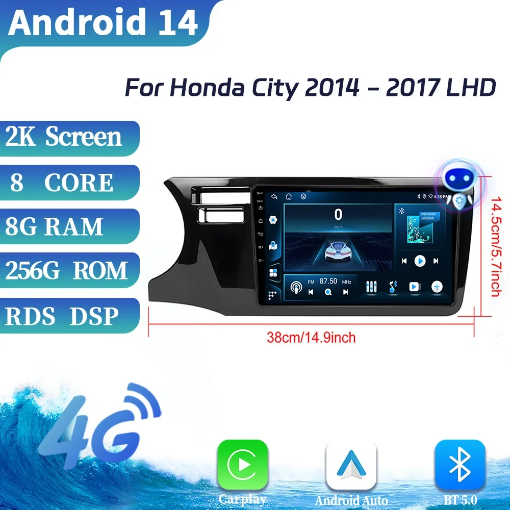 For Honda City 2014-2017 Left Hand Drive Car Radio Central Multimedia Navigation Wireless Carplay 4G GPS Android Stereo Screen