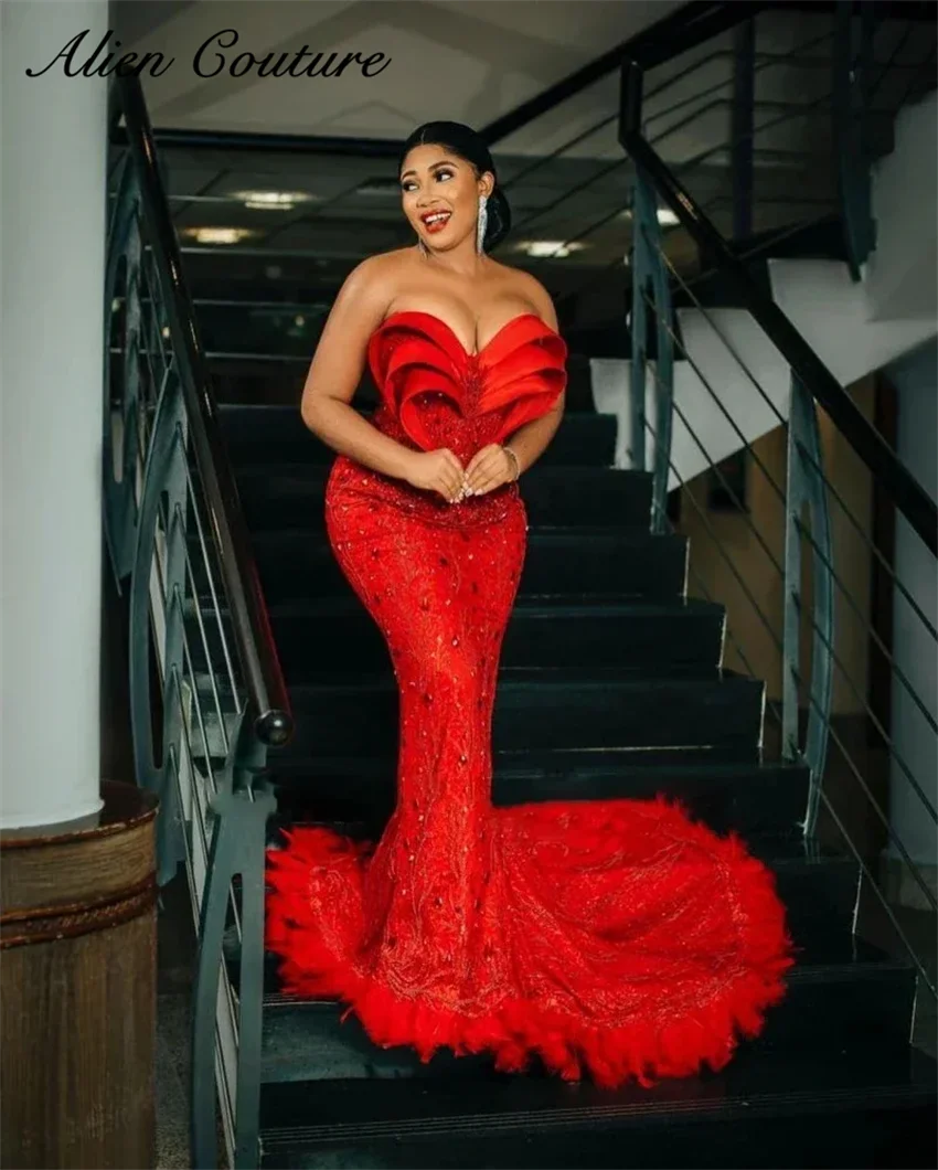 Sparkly Red Mermaid Evening Dress Bead Crystals Elegant Sweetheart  Formal Birthday Party Dress Feathers Robe Customized