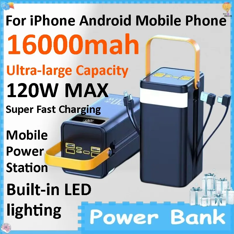

160000mAh Large Capacity Power Bank 120W Super Fast Charging Built-in Cable Outdoor Camping Portable Mobile Power Supply