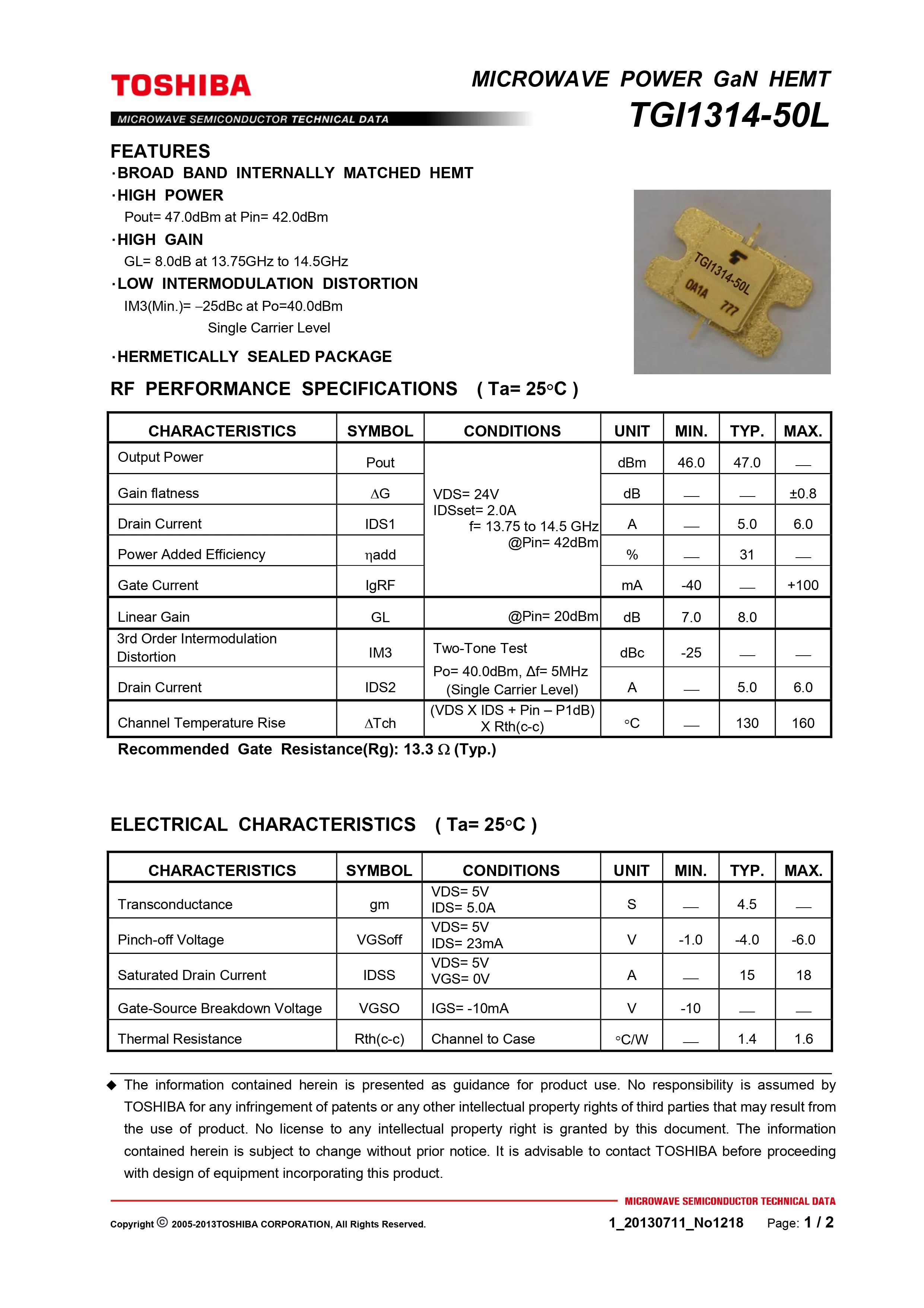TGI1314-50L Series (X,Ku-Band 13.75-14.5GHz): Internally matched GaN power FET, optimal power & gain in 50Ω 50ohm 1pcs/Lot