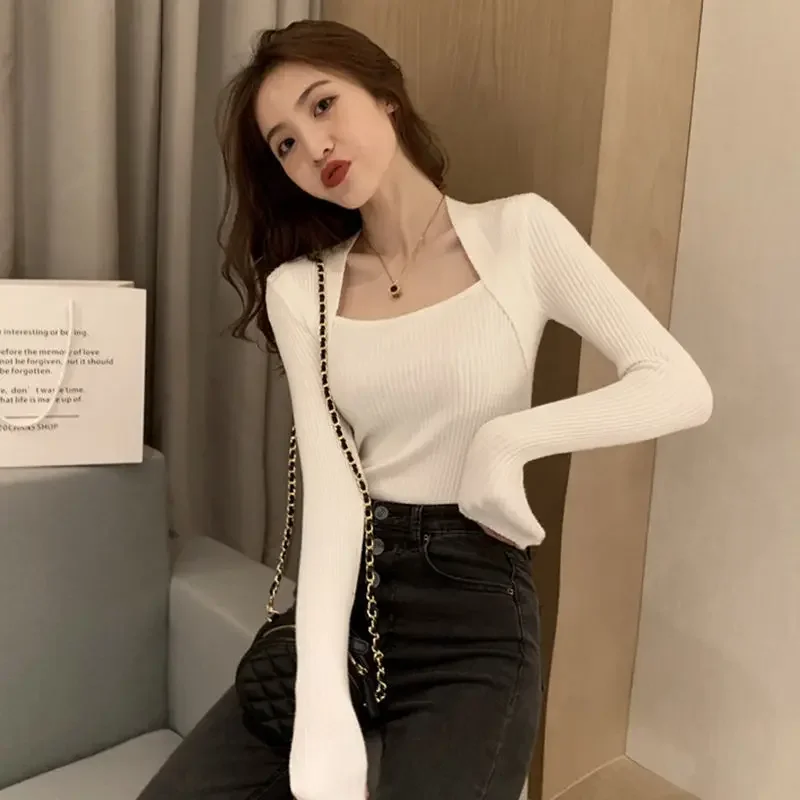 Spring Autumn Sweater Slim T-shirt Woman Square-Neck Knitted Long-Sleeved Top