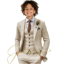 Casual Beige Linen Suits for Boy 3 Pieces Blazer Vest Pants Set Peaked Lapel Kids Suit Wedding Summer Beach Prom Party Tuxedo