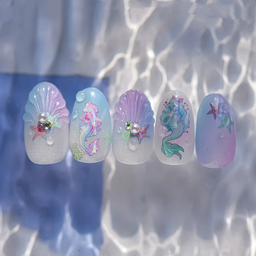 Colorful Shell Light Mermaid High Quality Flash Nail Art Stickers Adhesive Design DIY Nail Decals Children Gift 1 Sheet