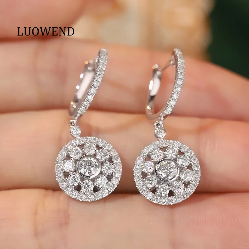 LUOWEND 18K White Gold Earrings Luxury Round Design 1.8carat Real Natural Diamond Hoop Earrings for Women High Party Jewelry