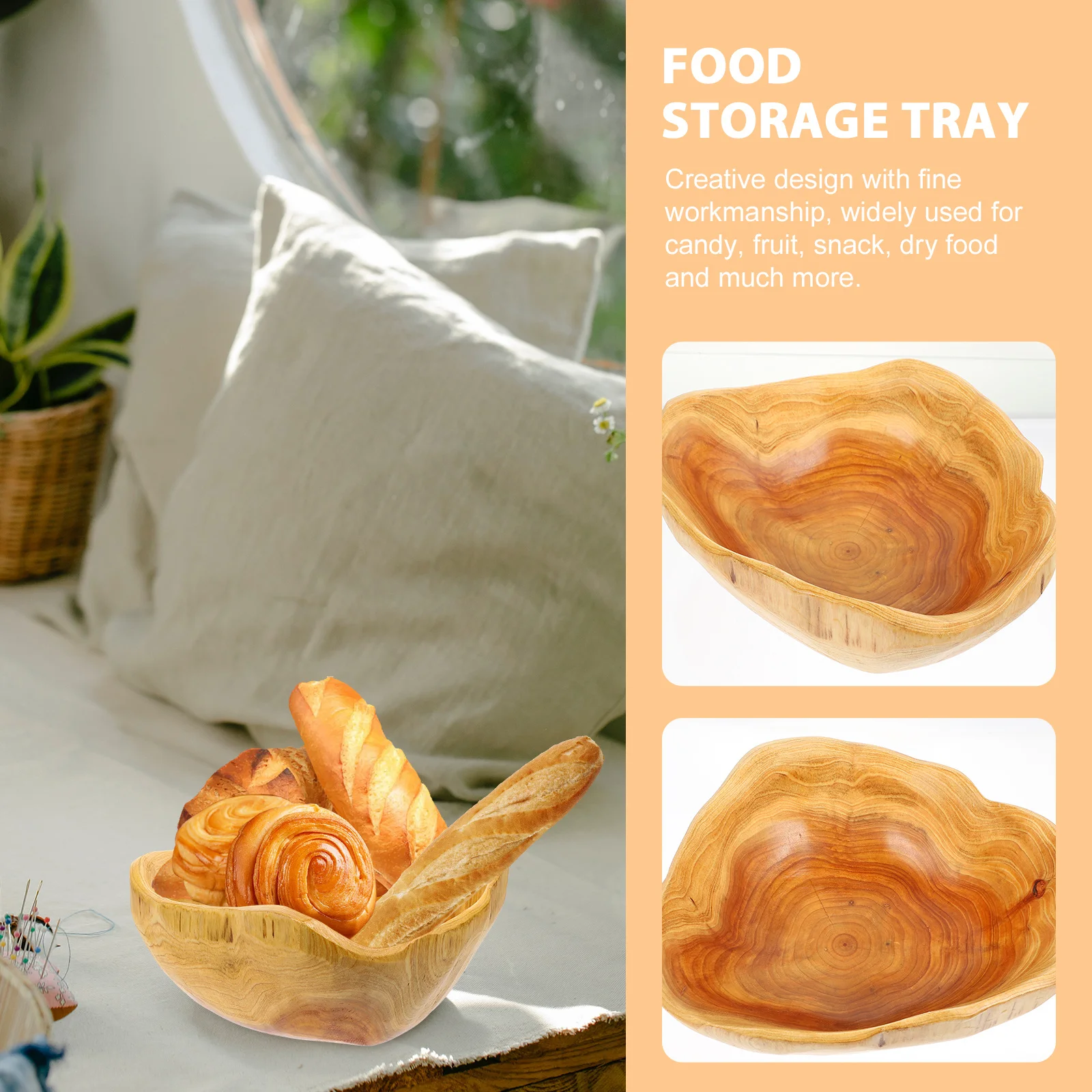 

Bread Fruit Tray Wooden Snack Tray Food Storage Smooth Rim Natural Wood Caving Bowl Serving Dessert Appetizer Plate