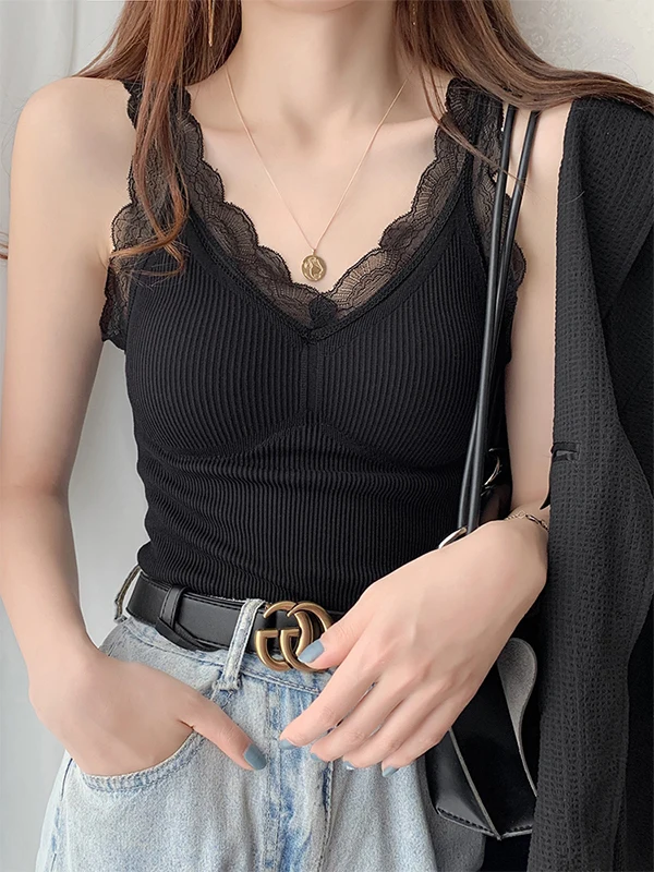 Thiened Warm Strap Vest Women's Autumn Winter Inner Wear with Chest Pad V-ne Lace One-piece Fce Svel Top