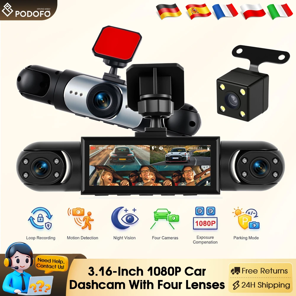 Caméra embarquée Podofo 3,16 pouces 1080P & 3*480P avec GPS pour voiture, caméra de recul avant gauche et droite